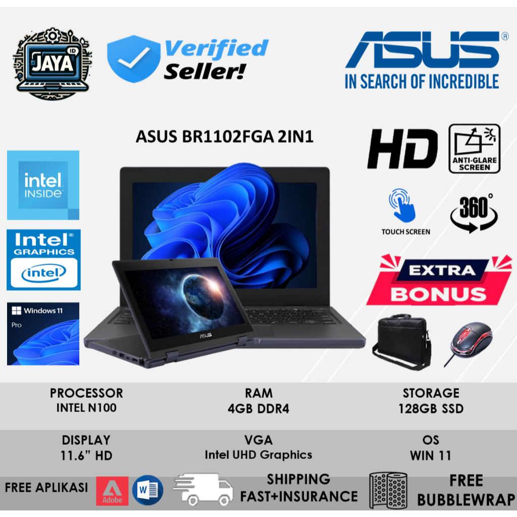 Laptop Asus BR1102FGA 2in1 Intel N100 Ram 4GB 128GB Ssd 11.6 Inch HD Touchscreen Win11Pro Grey
