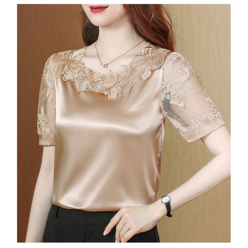 baju blouse bahan satin silk motif bunga