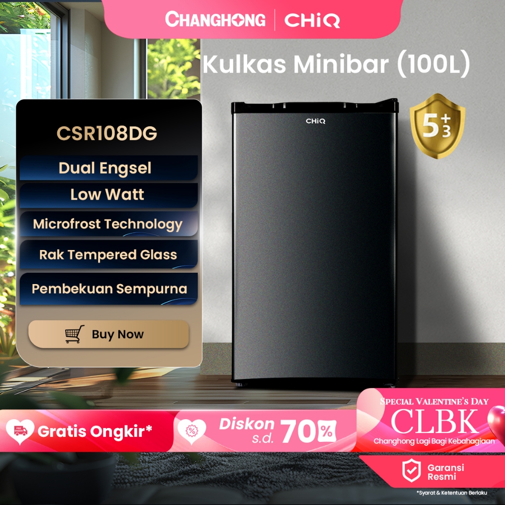 CHiQ Kulkas 1 Pintu 100L CSR108DG (Semi Auto-Defrost ) (Ajustable Door Bisa di Buka Dari Kanan/Kiri)