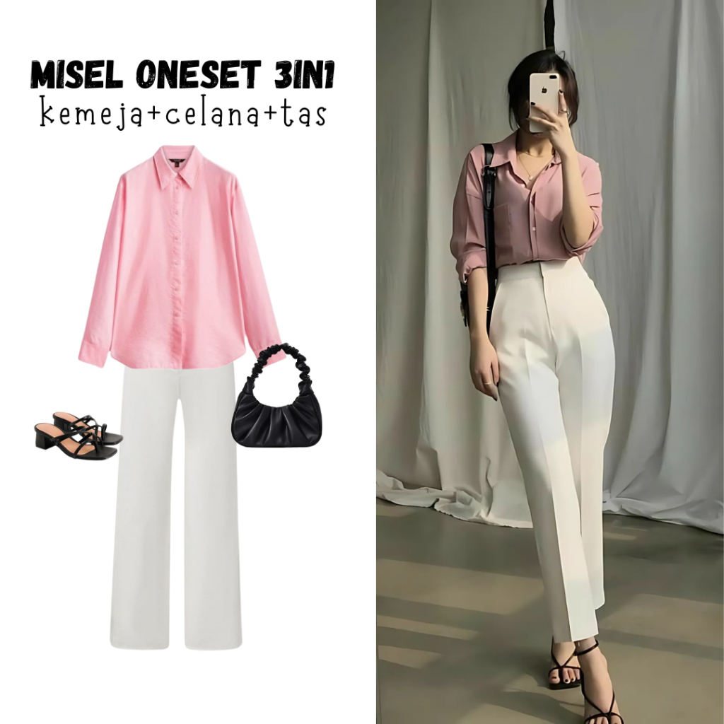 Oneset 3in1 baju atasan kemeja polos pink celana scuba putih kulot highwaist tas hitam | perempuan w