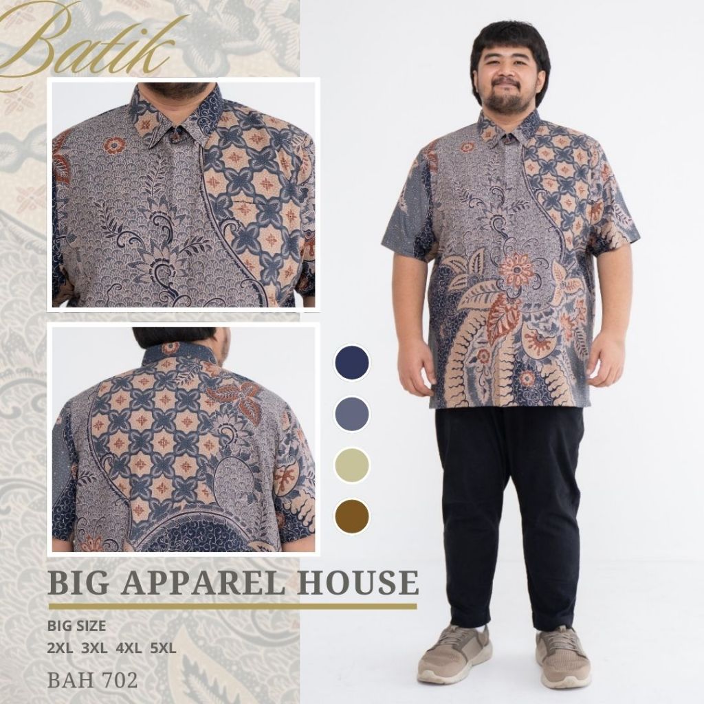Kemeja Baju Batik Doby Jumbo Big Size Pria Laki Cowok Lengan Pendek Boeketan Dusty Prussian Blue Nav