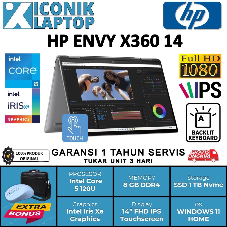 Laptop Tipis Touchscreen HP ENVY X360 Intel Core 5 120U Ram 8 GB Ssd 1 TB Nvme Layar 14" Full HD IPS