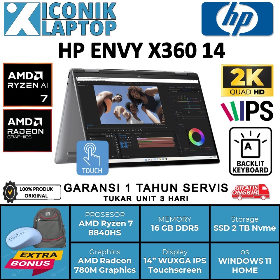 Laptop Touchscreen HP ENVY X360 AMD Ryzen 7  8840HS Ram 16 GB DDR5 Ssd 2TB Nvme Layar 14" WUXGA IPS