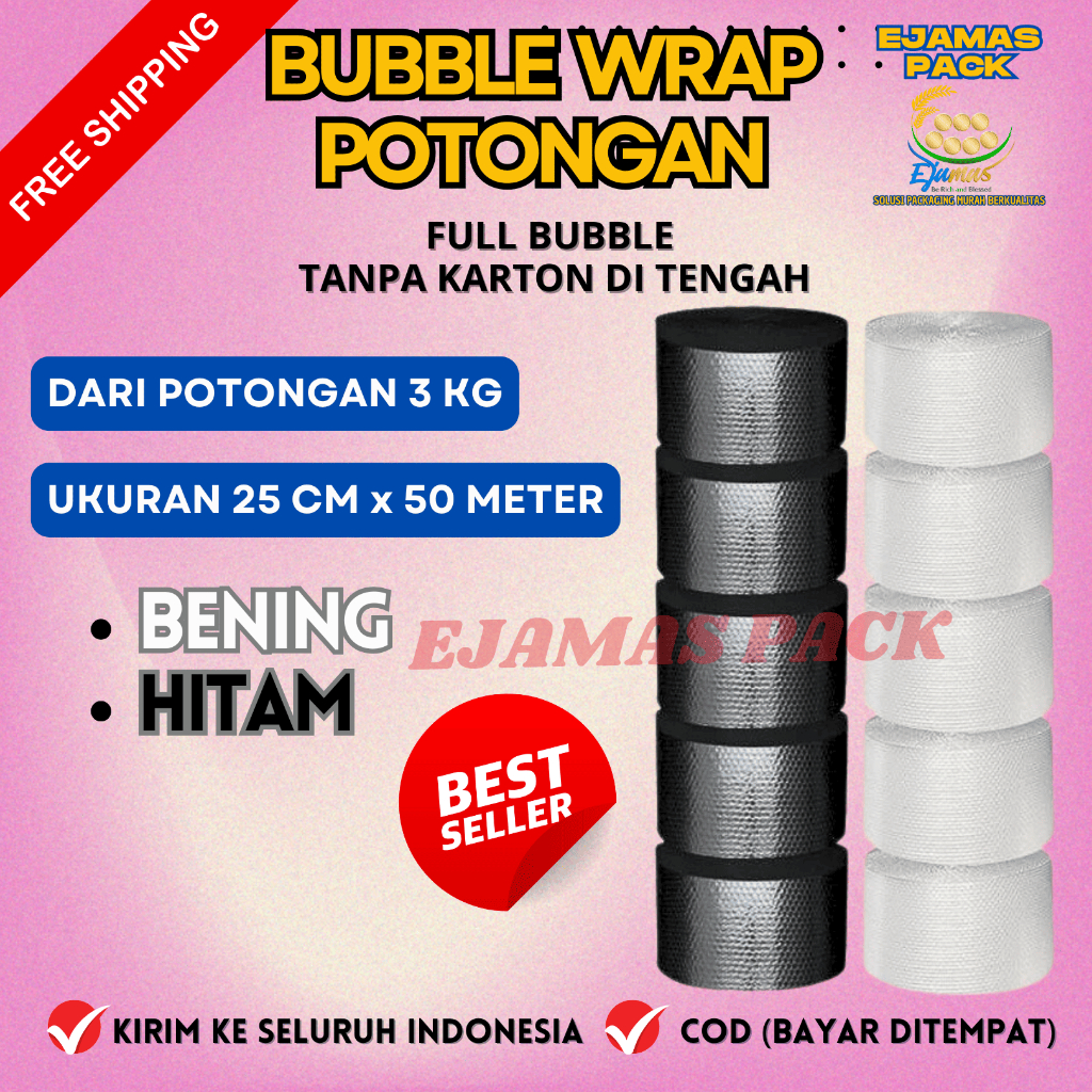 

BUBBLE WRAP BENING HITAM 1 ROLL 3 KG POTONGAN 5 UKURAN 125 CM X 50 METER TANPA CORE KARTON FULL BUBBLE EJAMAS PACK