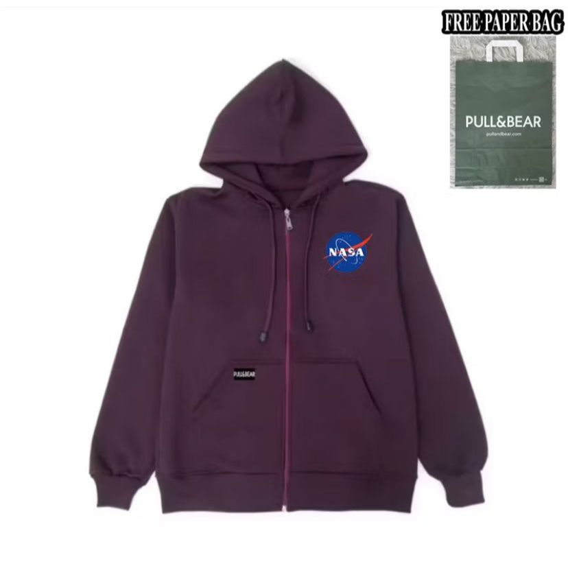 {FREE PAPER BAG} HOODIE ZIPPER MAROON PULL AND BEAR X NASA BASIC PRIA - WANITA PREMIUM QUALITY