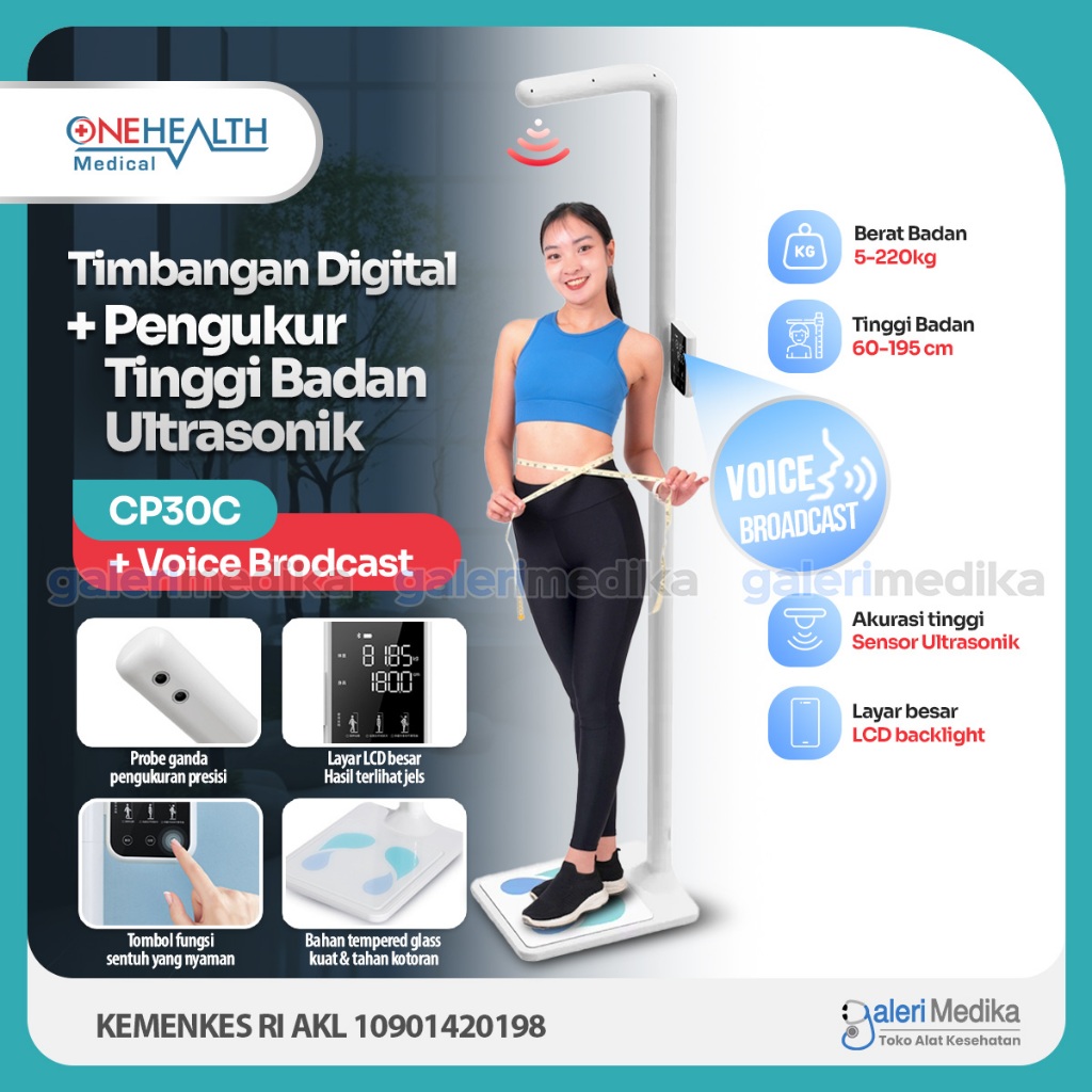 Timbangan Digital OneHealth CP30C + Pengukur Tinggi Badan Ultrasonic 2119x460x355 mm, Kapasitas 220 kg