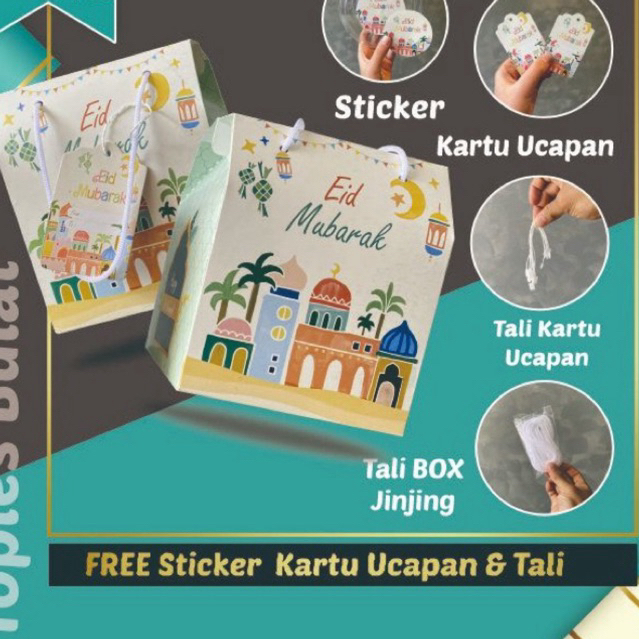 

Dos kue toples bulat 250gr Gable box Lebaran jinjing set tali kartuucapan box Hampers set stiker idul fitri