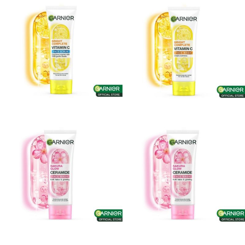 Garnier Bright Complete Vit C Facial Wash Scrub/ Sakura Glow Hyaluron/ Vit C Facial Wash