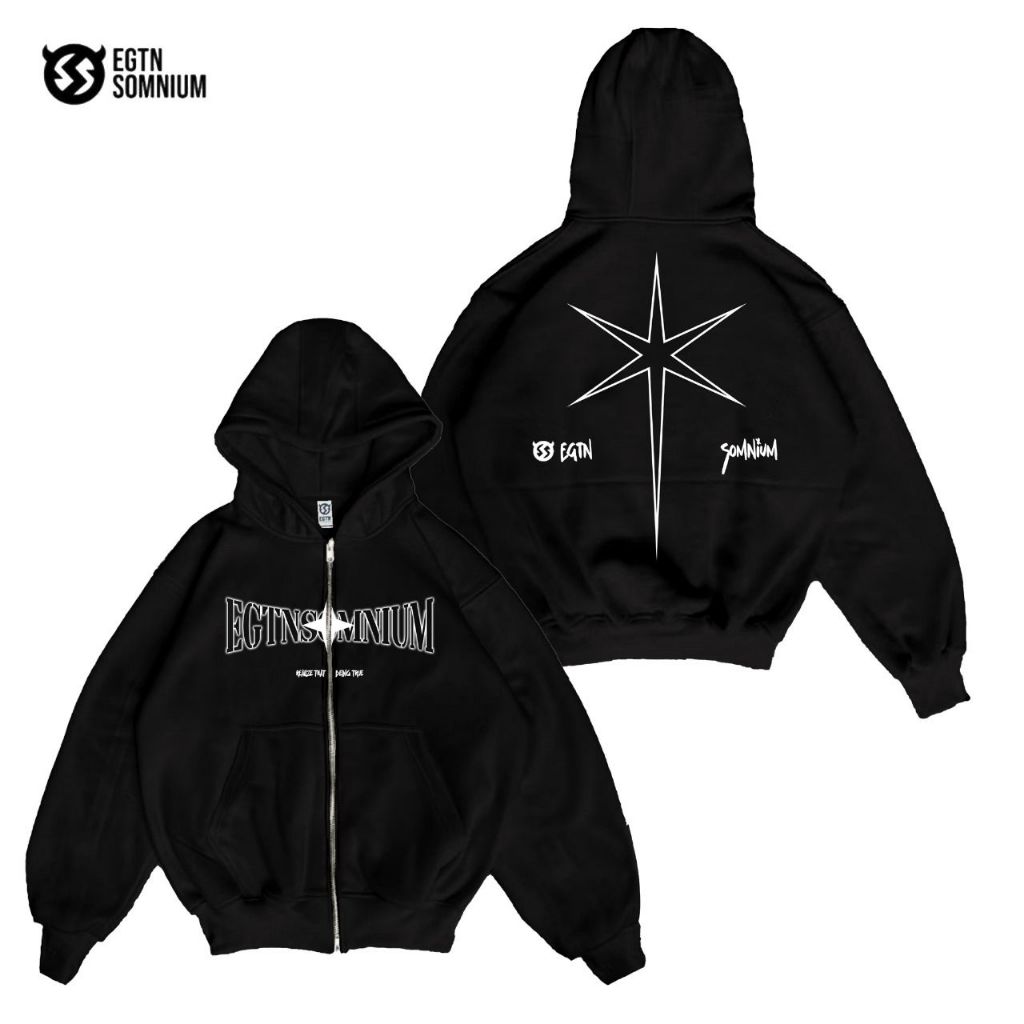 Hoodie Boxy Doubel Zipper Menara Series Black Premium Distro High Quality Unisex Full Tag & Label