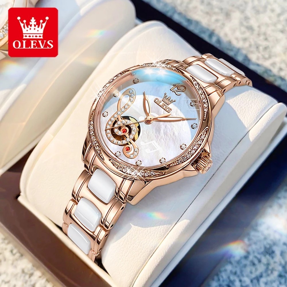 OLEVS Jam Tangan Automatic Wanita Original Anti Air Korea Keramik Fashion Mewah Women Watch Cod