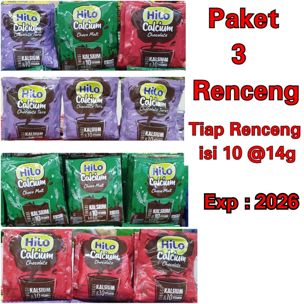 

PAKET 3 RENCENG SUSU HiLO HIGH CALCIUM CHOCO MALT CHOCOLATE TARO