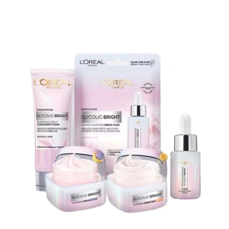 L'OREAL PARIS GLYCOLIC ACID BRIGHT SERUM - FACIAL FOAM - DAY CREAM - NIGHT CREAM LOREAL