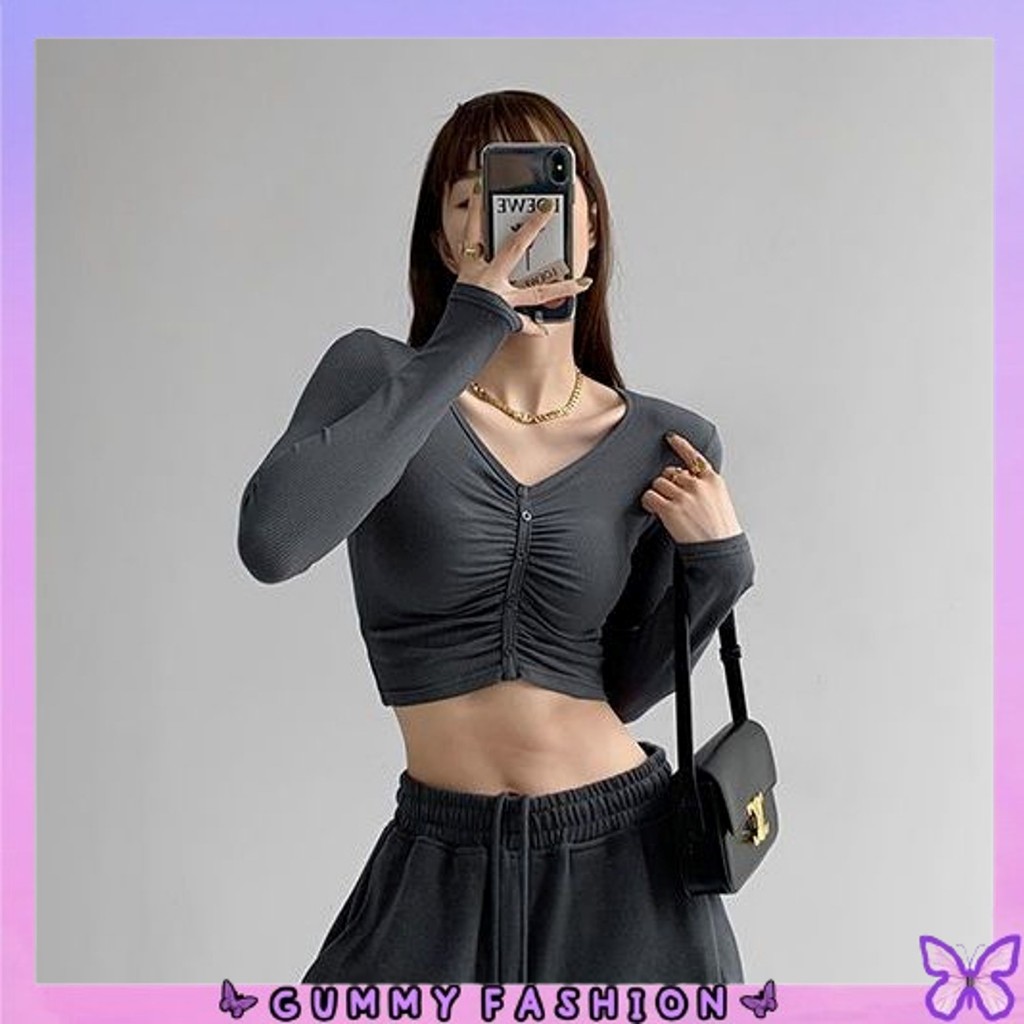 •GUMMY•BJ1691 Baju Atasan Kaos CropTop Knit Kancing Depan Serut Lengan Panjang Wanita Sexy Korea