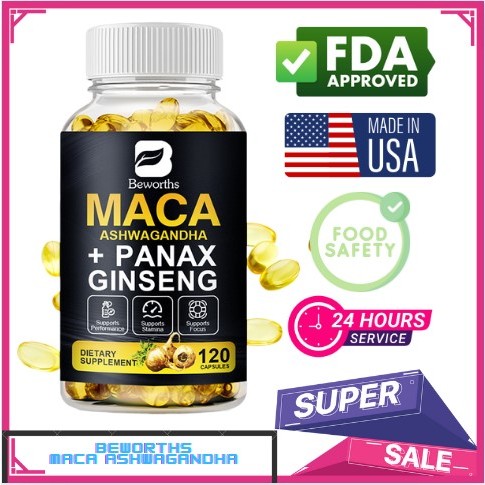 BEWORTHS 120pcs USA Ekstrak Akar Ginseng & MACA Kapsul Vegetarian Penambah Energi Membantu Energi un