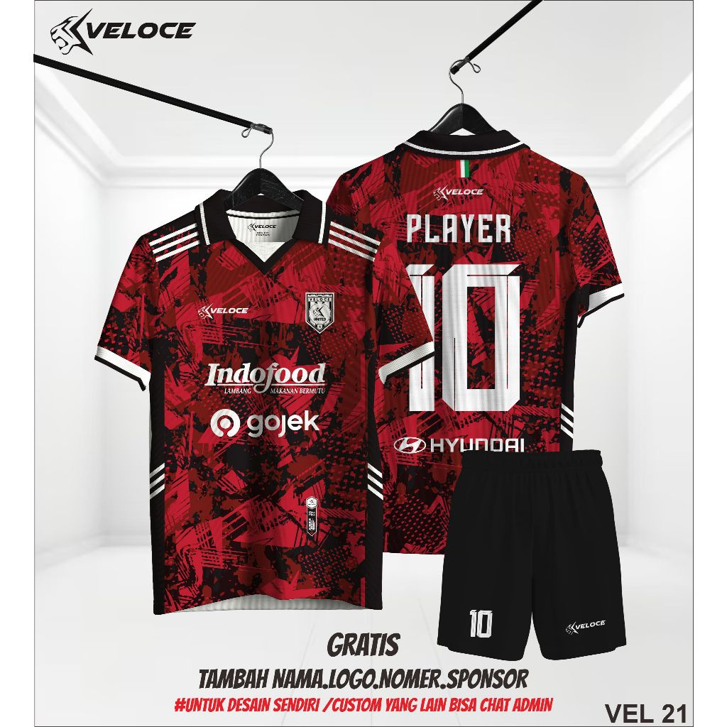 JERSEY FUTSAL KERAH CUSTOM NAMA + PUNGGUNG + LOGO MERAH HITAM ANAK DEWASA CEWEK COWOK KEREN