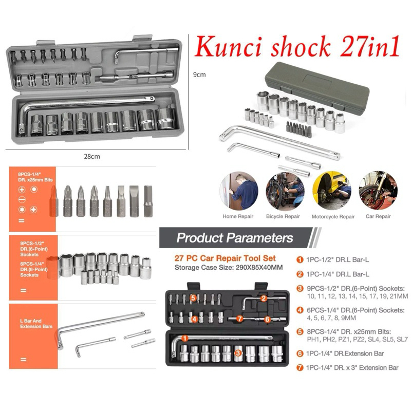 Kunci Shock Set 27in1 Kunci Sok Set 27pcs Full Set Repair Tools Sok Wrench 27pcs Toolkit Full Set