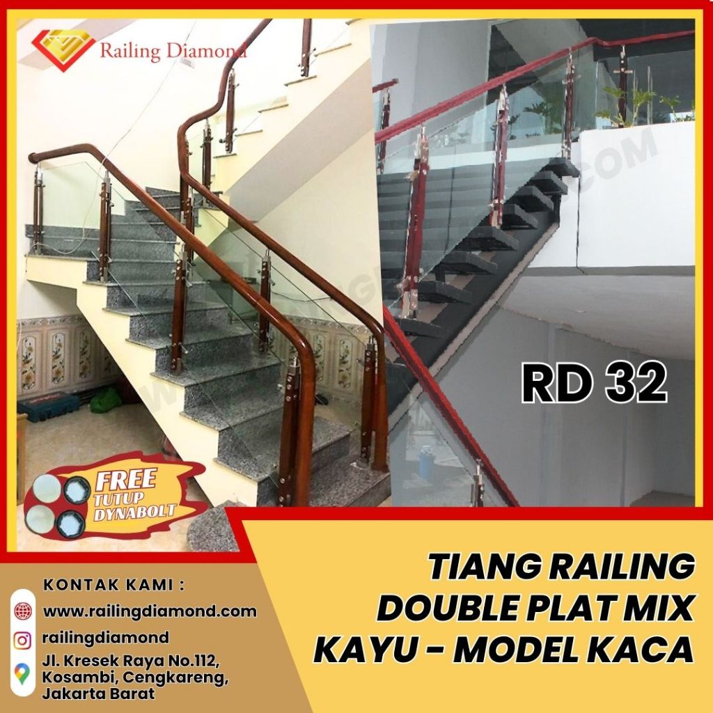 Tiang Railing Tangga Stainless + Kayu RD 32