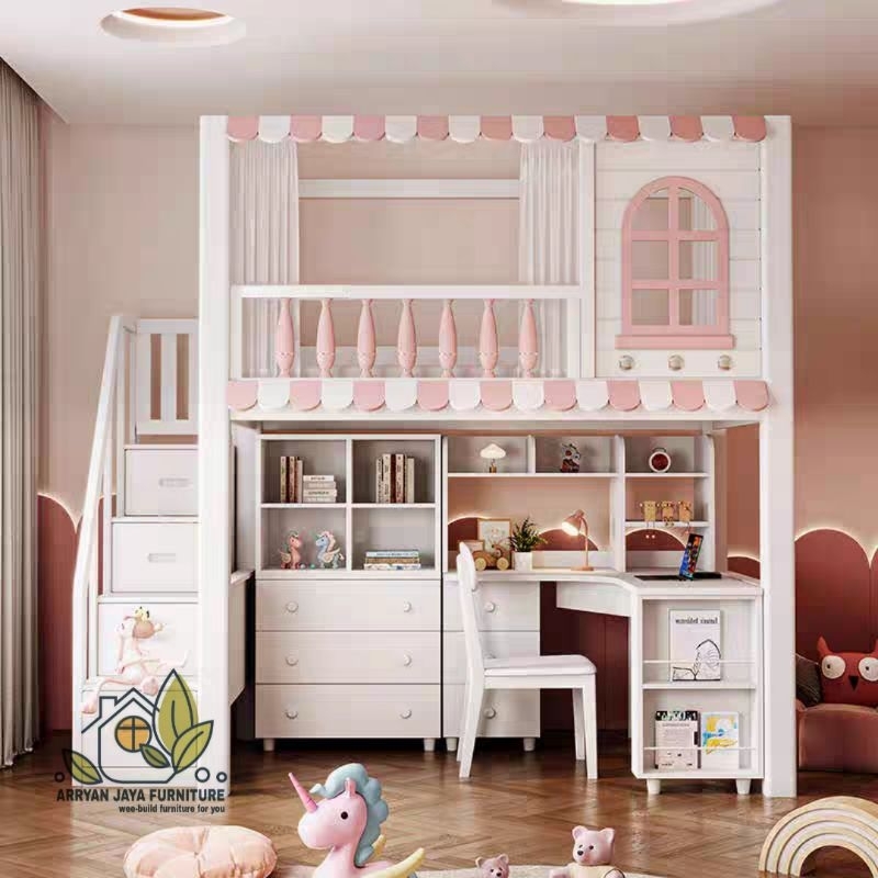 tempat tidur tingkat anak perempuan set meja belajar dan lemari