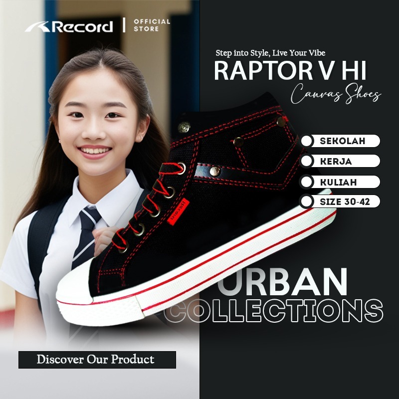 [RECORD SHOES] RAPTOR HI V I SNEAKER HITAM PUTIH MERAH SEPATU KANVAS ANAK SEKOLAH  SD SMP SMA 30-42