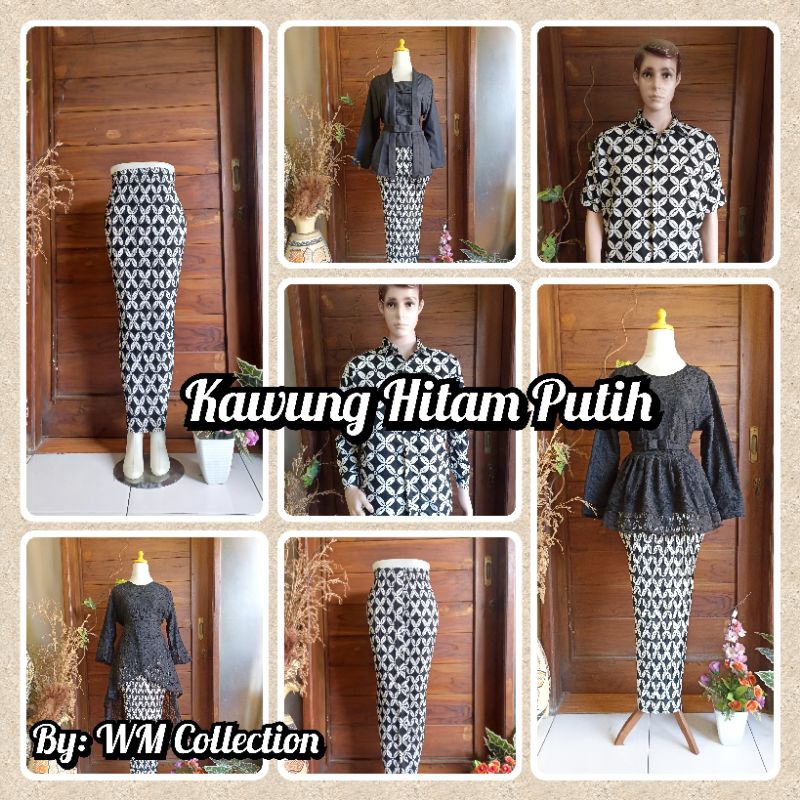 WM>> Set Batik Keluarga Motif Kawung Hitam Putih Kemeja Rok Plisket Duyung Lilit Kebaya Broklat Balo