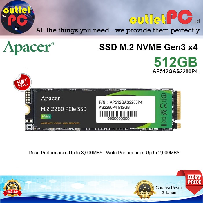 APACER SSD AS2280P4 M.2 PCIe Gen3 x4 512GB NVMe 512 GB 512G M2 3.0