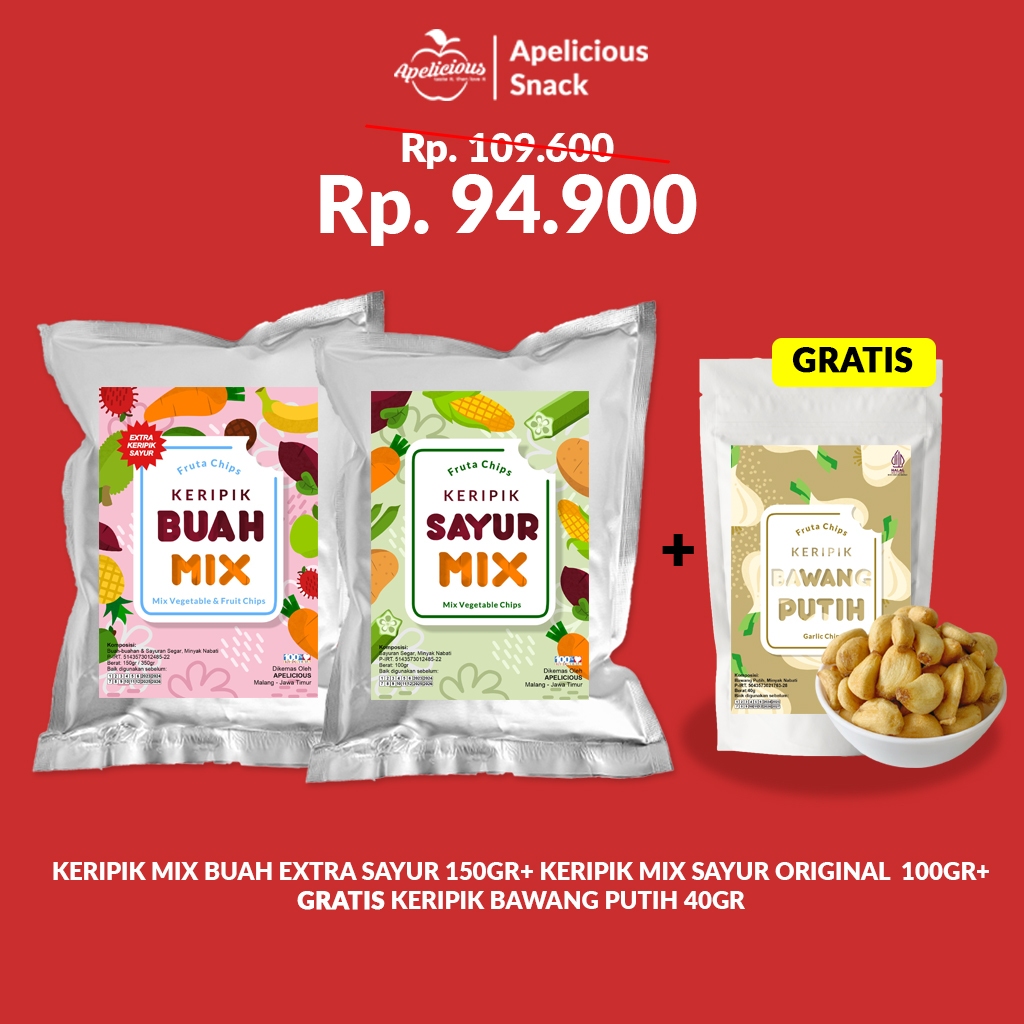 

Lezatoz_Genz Apelicious (Paket Gratis Kripik Bawang Putih) Mix Keripik Sayur Ori + Mix Keripik Buah