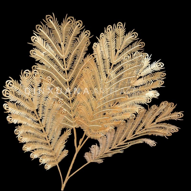 Bunga Gold Artificial Dekorasi Emas Bulu Merak Peacock Leaf Flower 5Daun