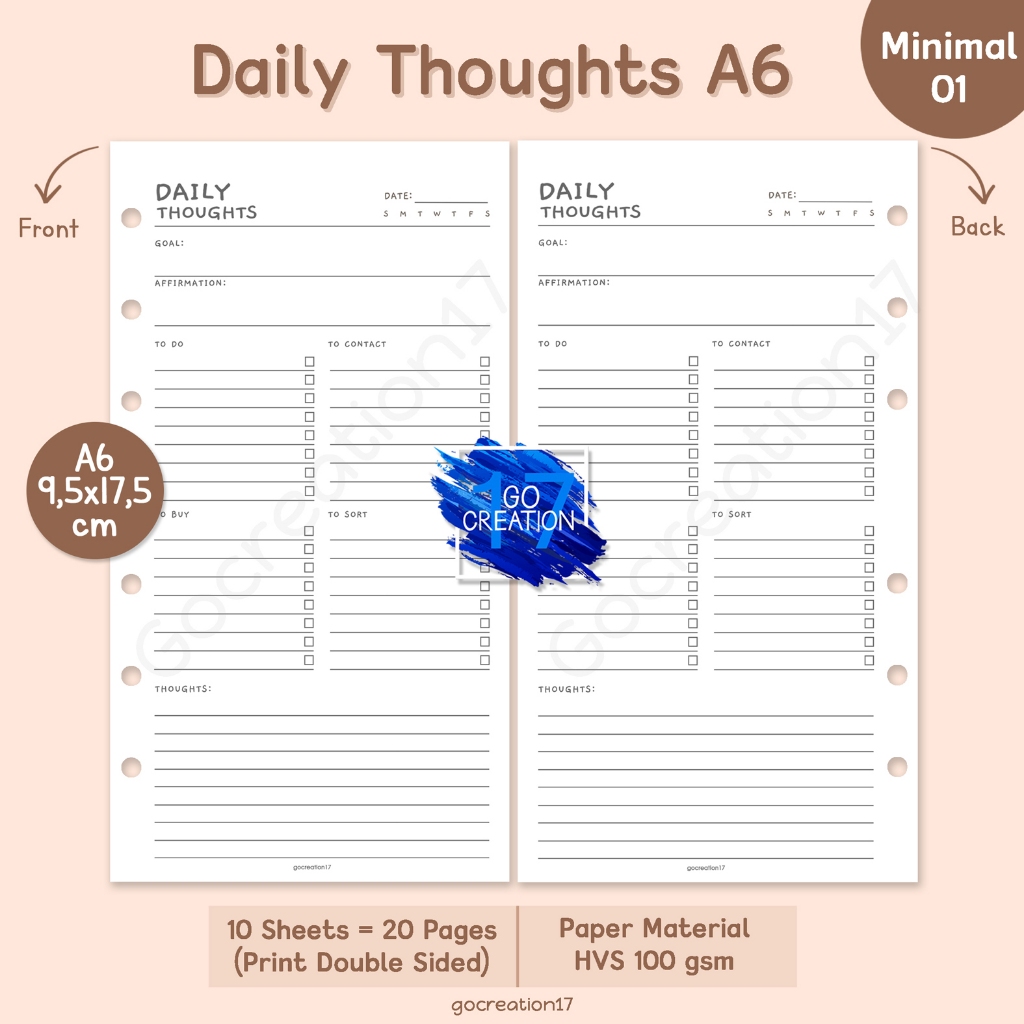 

Buku Planner Refill Kertas Isi Binder Daily Thoughts Simple Minimalis A6