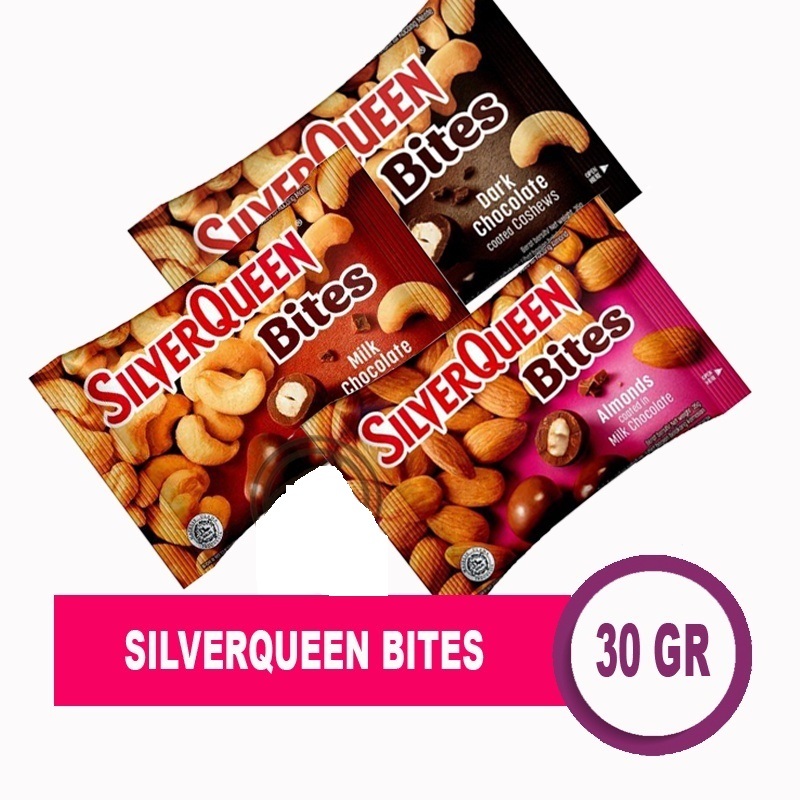 

Makanan Ringan Camilan Coklat Mini / Chocolate SilverQueen Bites 30 Gr Rasa Dark Chocolate Cashew Nut, Milk Chocolate Cashew Nut, Almond Milk Chocolate