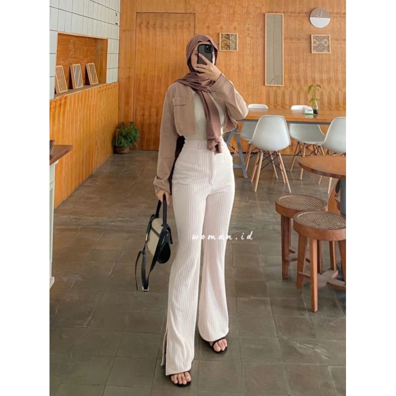 CELANA CUTBRAY KNIT WANITA Highwaist Knit Cutbray Wanita Premium Celana Panjang Wanita Melar Salur K