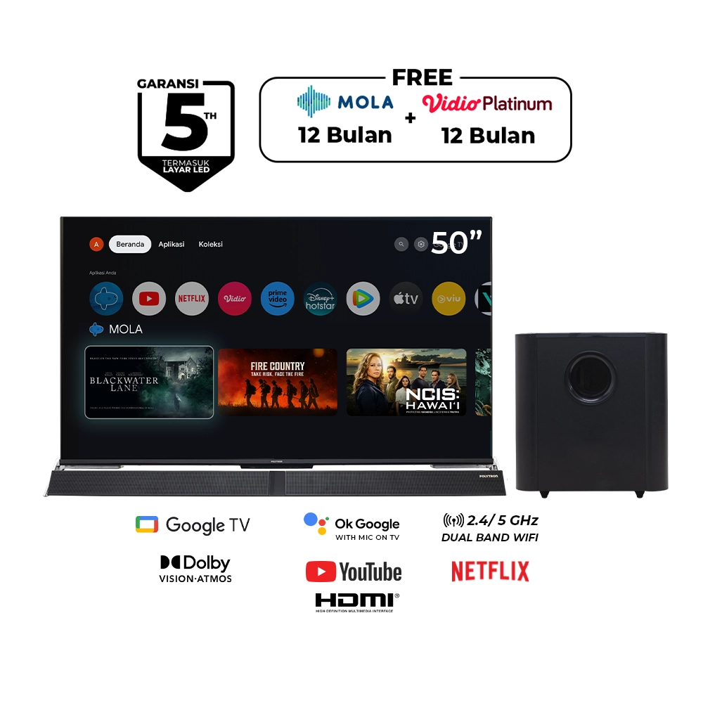Polytron GoogleTv 50" UltraHD Cinemax Soundbar 50Bug / 50 inch