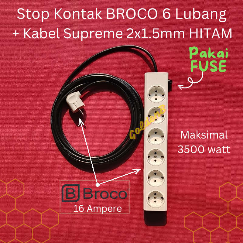 Terminal Listrik BROCO Komplit 6 Lubang + Kabel Supreme Hitam 2x1.5mm