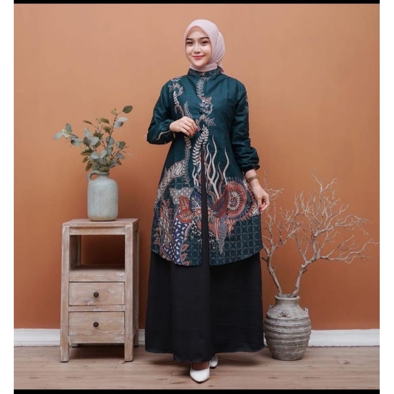 gamis batik kombinasi pakaian muslim wanita dres baju batik wanita lengan panjang bahan katun printi