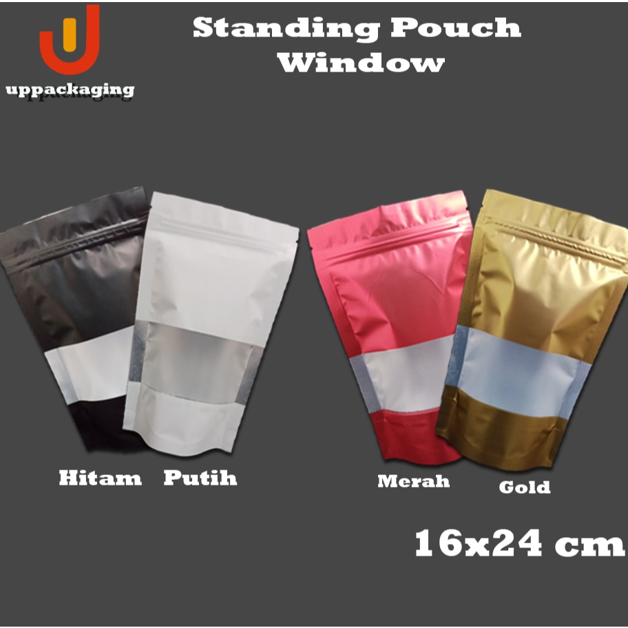 Standing pouch 16x24 window kemasan plastik ziplock/zipper hitam putih warna