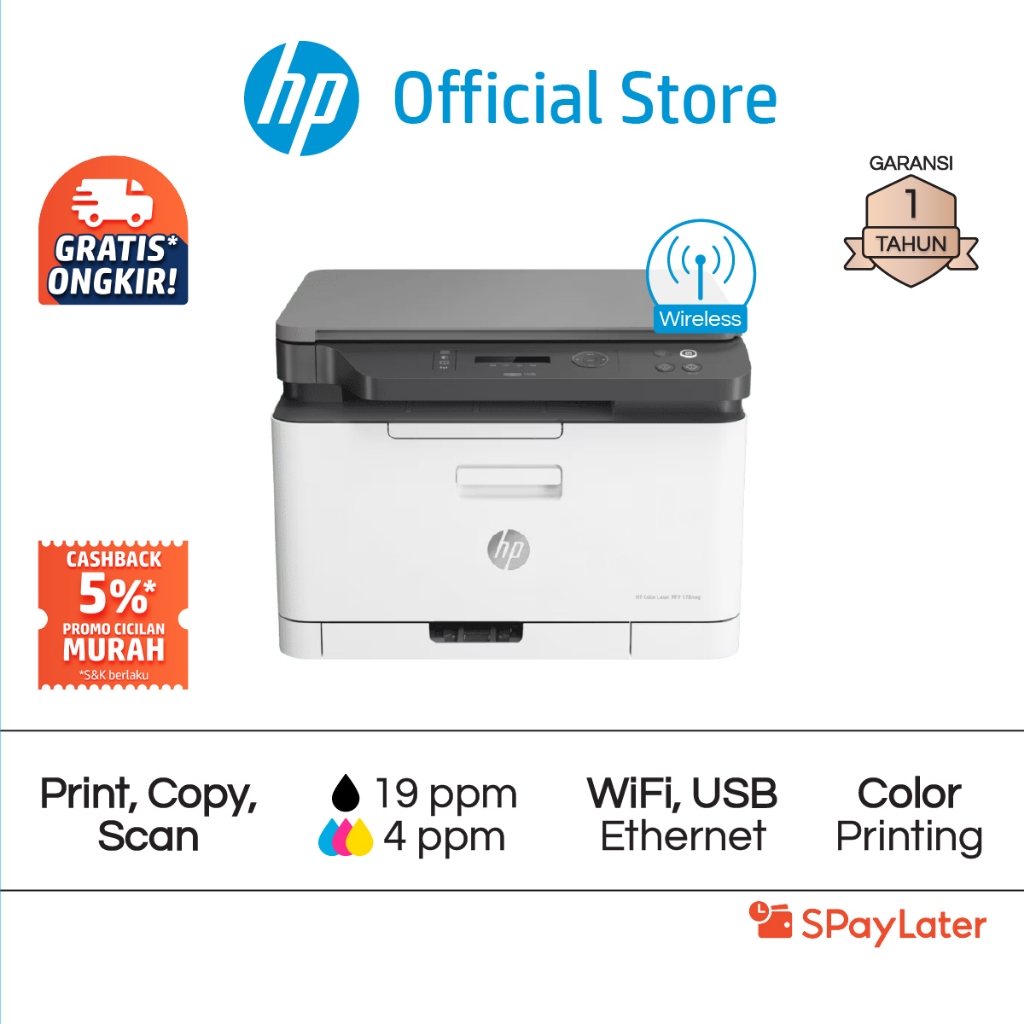 Printer HP Laser MFP 178nw All in One Print Scan Copy Wireless Wifi USB Color Colour Warna Garansi 1