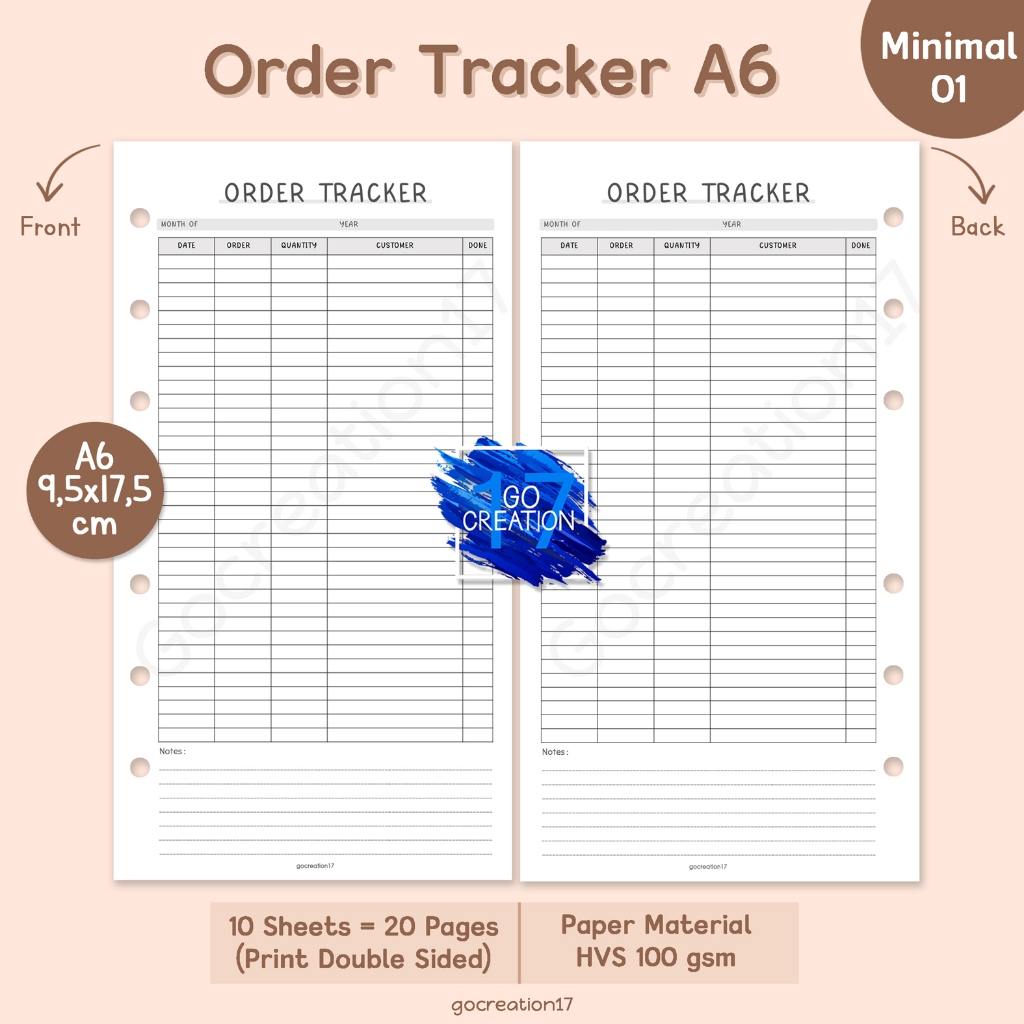 

Buku Planner Refill Kertas Isi Binder Order Tracker Simple Minimalis A6