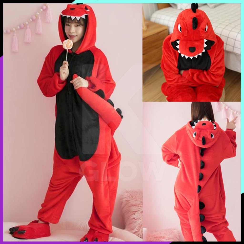 DINO DINOSAURUS RED BAJU TIDUR KOSTUM ONESIE KIGURUMU PIYAMA DEWASA