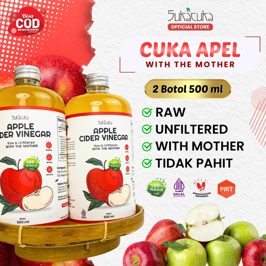

Paket 2 Botol Cuka Apel Original With Mother 500 ml by SukaCuka (Apple Cider Vinegar)