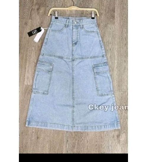 ROK SPAN CARGO HIGHWEIST BY CKEY BRAND JEANS SIZE L ( DARK BIO BLUE & LIGHT BLUE  )