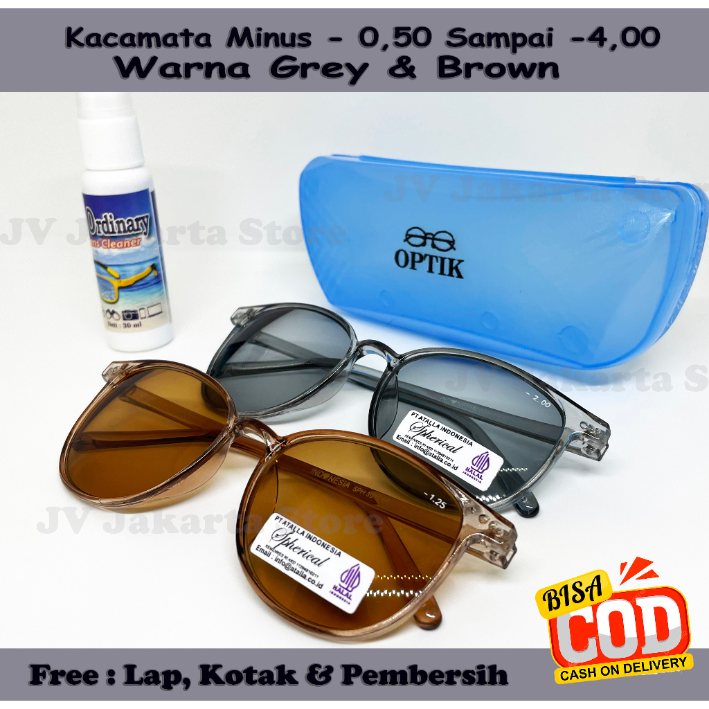 Kacamata Minus Lensa Warna Coklat dan Abu, Mulai dari -0,5 Sampai -4, Free Lap, Kotak & Cairan Pembe