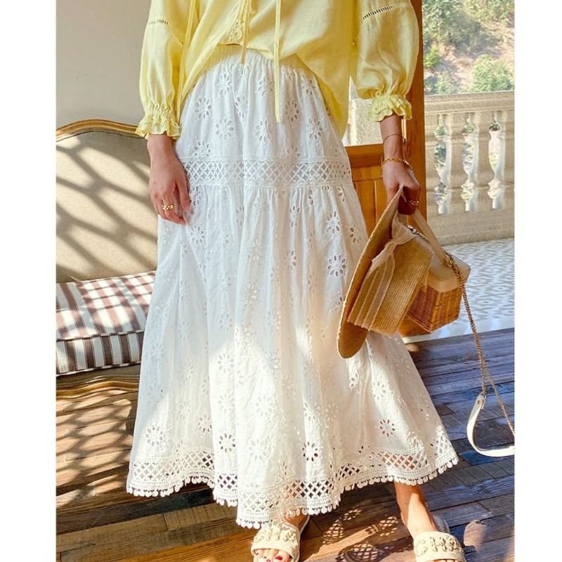 9799 Rok panjang LIZARRA EMBROIDERED COTTON FLARE SKIRT Hitam putih polos Korean style wanita premiu