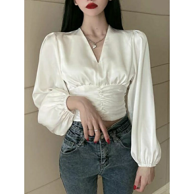 blus satin silk lengan panjang / atasan wanita satin / blus korean style [ vindry]