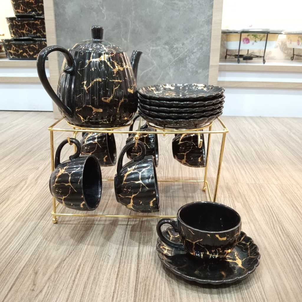 Set Cangkir Teh | Set Cangkir Kopi Marble Hitam Fiorenza + Gratis Tatakan