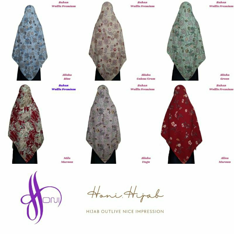 Khimar hijab segiempat square wolfis motif syari jumbo uk 150x150 by honi hijab