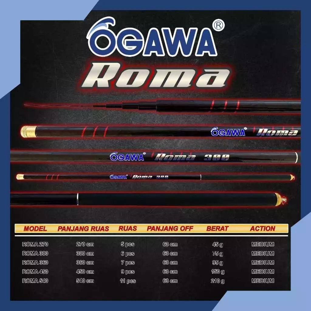 Joran tegek ogawa roma panjang 270 300 360 450 action medium bahan carbon Ringan