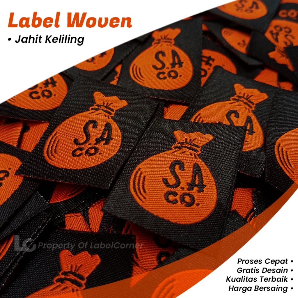 Label Corner - Cetak Custom Merek Baju Bahan Woven Damask Bordir Lebar 3cm MIN ORDER 300 lusin