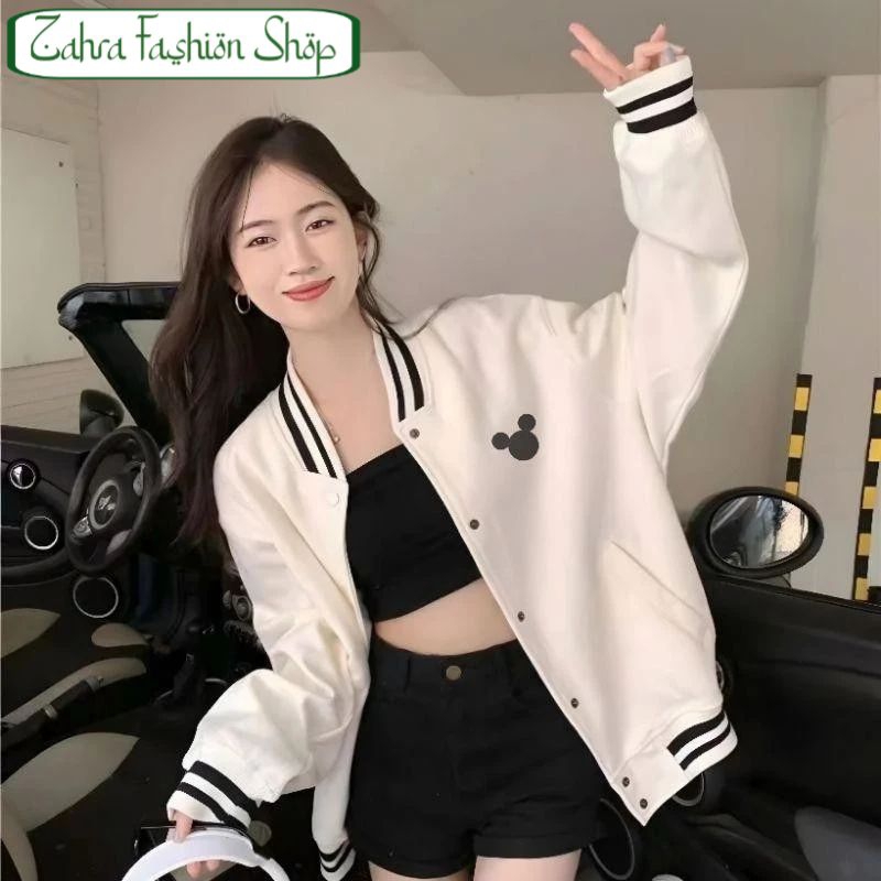 Jaket Varsity Big Size ( S - 6XL ) MICKEY Disney Logo BORDIR Embroidery Jacket Baseball Kancing Bomb