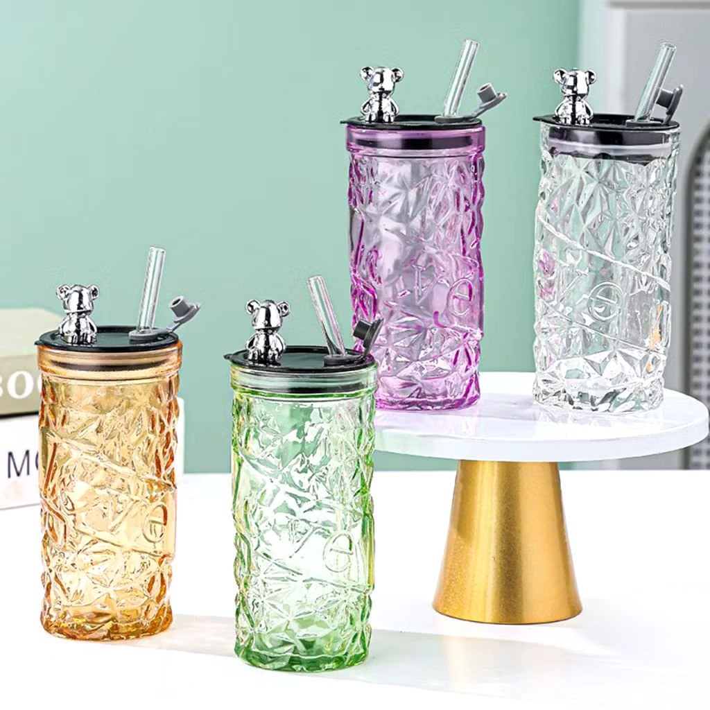 Gelas Kaca Beruang/Gelas Thermos Kristal Love/Gelas Kaca Panjang 350 ML/Gelas Kaca Aesthetic Tutup B