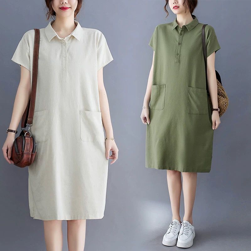 NANDO MIDI DRESS WANITA LENGAN PENDEK BAHAN KATUN POPLIN IMPORT DEPAN DUA KANTONG KASUAL STYLE 2878