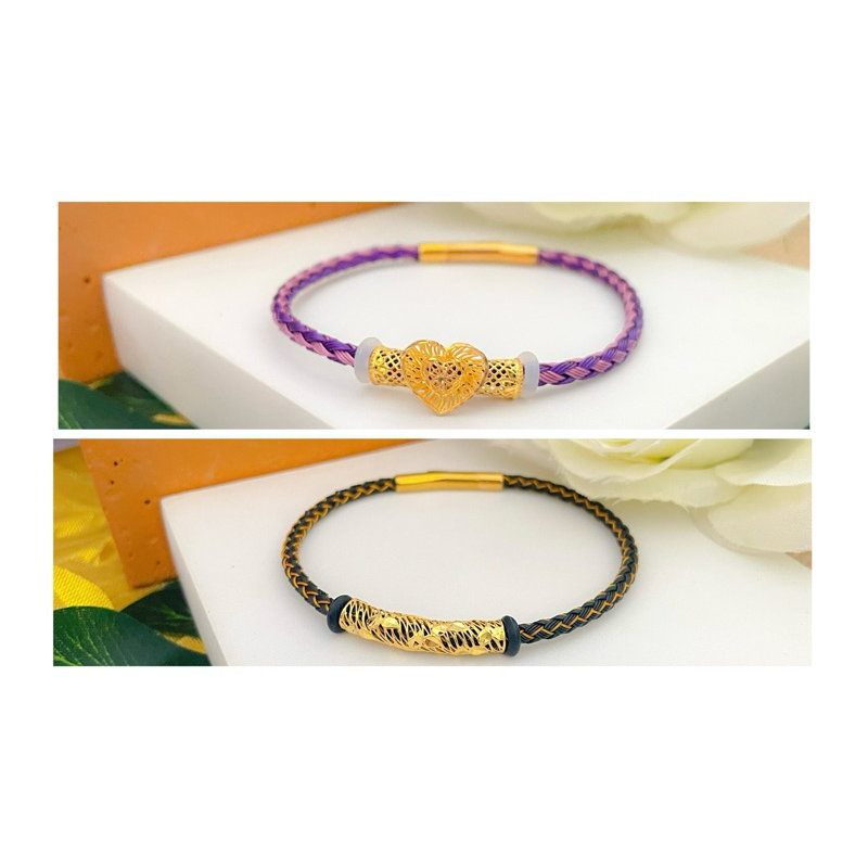 Perhiasan Emas Charm Pipa Gelang Hitam Emas dan Ungu Pink